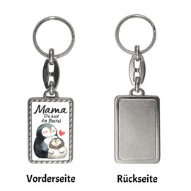 Penguin Mother and Child Keyring with Border with Saying Mama du bist die Beste Mother's Day Love in Animal Design Heartful Family Mother's Day Gift, multicoloured