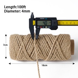 Natural Jute Twine 4mm 100 Feet Crafting Twine String for Crafts Gift, Craft Projects, Wrapping, Bundling, Packing, Gardening and More, Jute Rope to Use Around The House and Garden
