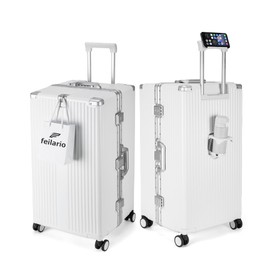 feilario 26in Aluminum Frame Hardside Spinner Wheels Luggage, Zipperless Checked Super Large Captain Suitcase with Cup Holder/Phone Holder