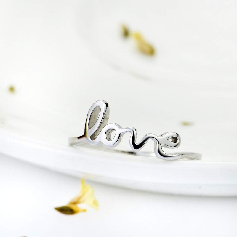 YFN Sterling Silver Simple Love Script Ring Thin Band Promise