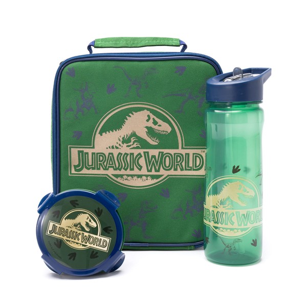Jurassic World Kids Lunch Bag Set | Adventure with Cool T-Rex Dinosaur Logo | Insulated Food Bag, Bottle & Snack Pot | School Merchandise in Green & Gold | Carry The Dino Adventure | Keeps Food Fresh