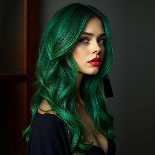 Dark Green Wavy Layered Wigs with Curtain Bangs for Women
