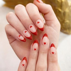 24pcs Valentines Press-on Medium French Tip Heart Red Acrylic Nails with Glue - DIY Manicure Decoration