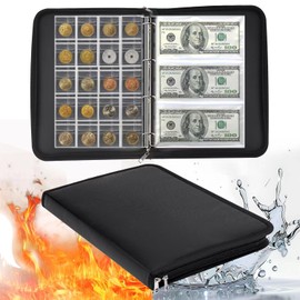 Coin Collection Book Holder for Collectors, Coin Collection Supplies, Coin Collecting Books, Fireproof Coin Album with 300 Coin Collection Pockets + 36 Bill Sleeves Coin Storage Boxes