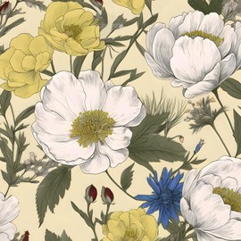 Fvlow Yellow White Floral Peel and Stick Wallpaper Vintage Wallpaper Vinyl Wrap Kitchen Worktop Covering Vinyl Self Adhesive Thick Leaf Contact Paper for Cabinets Drawers Sticker Decor 17.4" x 118"