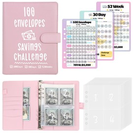 100 Envelopes Challenge Binder, Money Savings Challenges Book to Save $5,050 and $2,600 and $300, A5 Dinero Saving Planner Cash Budget Organizer, Pink