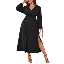 SHESTARR Womens Plus Size Wedding Guest Cocktail Maxi Dress Long Sleeve Elastic Waist V-Neck A-Line Side Slit Flowy Dresses Black 2XL