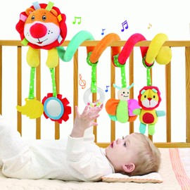 BelleStyle Spiral Pram Toys for Babies, Pushchair Stroller Car Seat Cot Crib Toys for Baby 0 3 6 9 12 Months, Plush Activity Hanging Toy Sensory Toys Gift for Newborn Infant Boys Girls - Lion