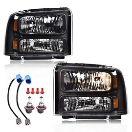 PIT66 Headlights Assembly Driver and Passenger Side Compatible with Ford F250 F350 F450 F550 Super Duty 1999-2004 /Ford Excursion 2000-2004 Headlamp, Clear lens Black Housing Amber Reflector