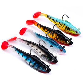 Fhioevt Set of 5 Fishing Bait Rubber Fish with Jig Head, Artificial Bait, Rubber Fish for Trout, Zander, Perch, Rubber Bait, Paddle Tail, Fishing Jigs, Bait Fish for Fresh and Saltwater (11 cm)