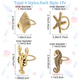 GORGECRAFT 4 Styles Nautical Napkin Rings Sea Animals Theme Alloy Napkin Rings Antique Golden Shell Seahorse Shrimp Starfish Napkin Holder Jewellery for Dinner Table Decoration