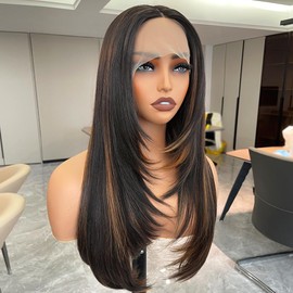 Ninroc Highlight Layered Lace Front Wigs Glueless Straight Layered Cut Lace Front Wig HD Synthetic Butterfly Haircut Pre Plucked Natural Hairline For Black Women