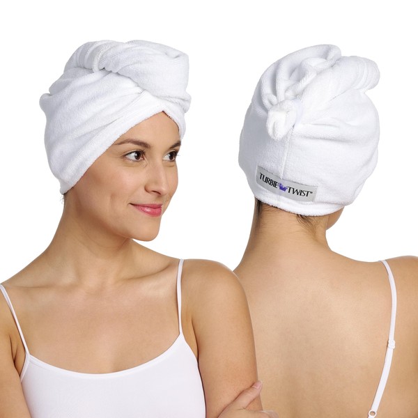 Turbie Twist Microfiber Hair Towel Wrap - for Women, Men & Kids - Travel & Bathroom Essential - Quick Dry Hair Turban for Curly, Long & Thick Hair - 2 Pack (White, White)