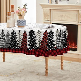 Horaldaily Christmas Tablecloth 60×104 Inch Oval, Christmas Trees Buffalo Plaid Red Washable Table Cover for Party Picnic Dinner Decor