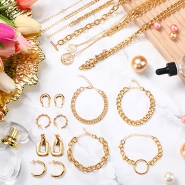 Tiamon 12 Pcs Valentine's Gold Silver Jewelry Sets for Women Layered Set of Earring Necklace Bracelets for Men Jewelry Gifts(Stylish Style)