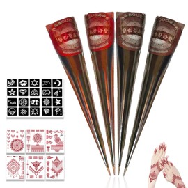 ElevaPulse Henna Tattoo Set - 2 Henna Cones Brown and 2 Red Brown, 20 Stencils, 6 Stickers, Henna Brown Freckles for Body Art