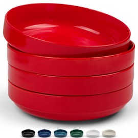 KooK Ceramic Large Pasta Bowls, Microwave and Dishwasher Safe, Great for Soups and Salads, Shallow Serving Bowls, Glossy Porcelain, 47 oz, Set of 4, Cherry Red