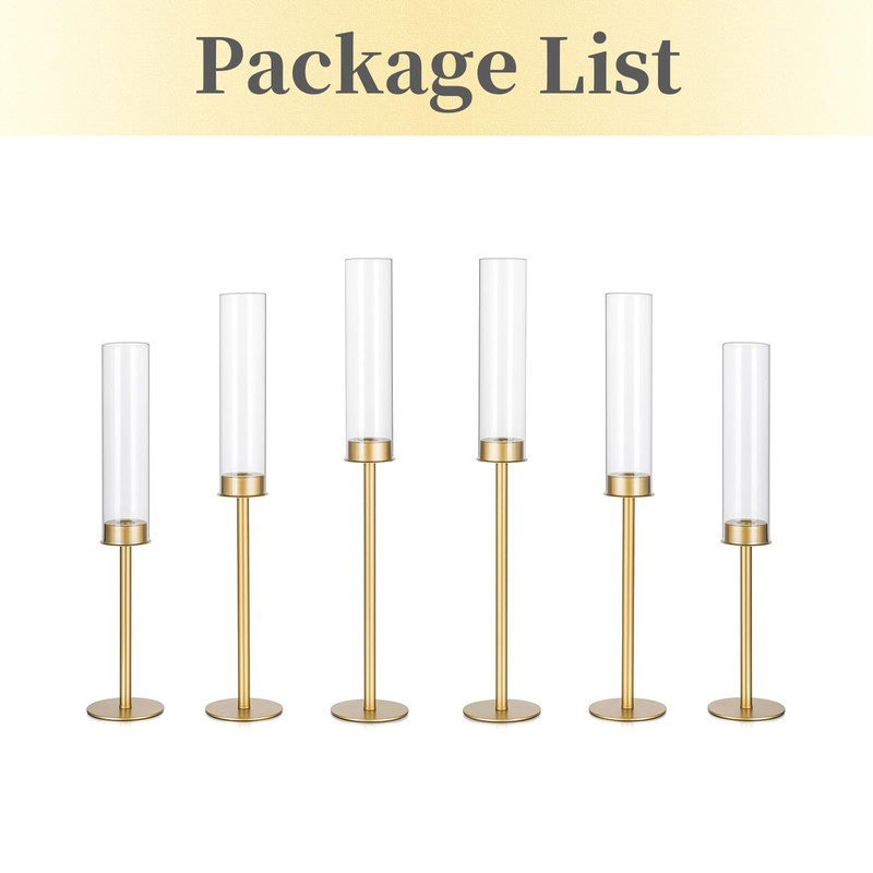 Hewory Gold Tall Hurricane Candlestick Holders: 6Pcs Brass Taper Candle