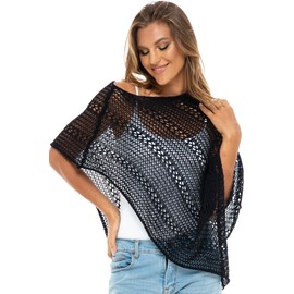 Back From Bali Womens 100% Cotton Knit Poncho Sweater Lightweight Artisan Black Summer Shrug Shawl