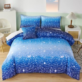 RYNGHIPY 6Pcs Gradient Aqua Blue Navy Ombre Comforter Sets with Sheets Pillowcases, Full Size Sparkle Glitter Design Comforter Bedding Collections for Kids Boys and Girls
