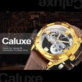 Caluxe Men's Automatic Self Wind Watch Skeleton Mechanical Wrist Watch for Men Waterproof with Removable Silicone and Vintage Leather Band Gift Set Package (Gold)