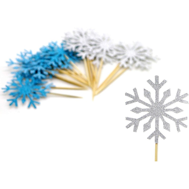 Confetti! - Snow Flake Cupcake Toppers Toothpicks, Sliver/Blue/Snow (Pack of