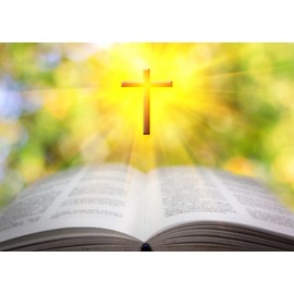 Loccor 7x5ft Fabric Holy Lights Backdrop Open Bible Golden Sunrise Cross Photography Background Vacation Bible School Events Decorations Jesus Christ Father of God Church Play Supplies Video Props