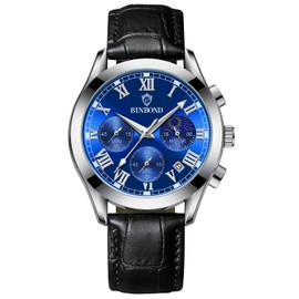 Silverora Watches Men's Chronograph Date: 3ATM Waterproof Three Eyes Analogue Quartz Men's Watches Multifunctional Luminous Calendar Wrist Watches with Genuine Leather Gifts for Men, Blue black,