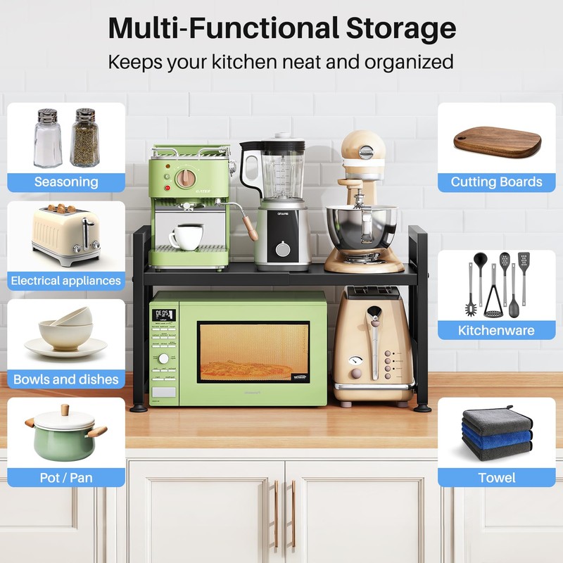 Expandable Microwave Stand Countertop, 2-Tier Adjustable Microwave Oven Rack with
