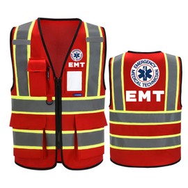 AYKRM 4XL 5XL Emergency Medical Technicians Red safety Vest for Men Women 4XL 5XL EMT Red High Visibility Reflective Safety Vest Front Zipper