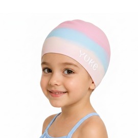 PD Kids Swimming Cap Silicone Waterproof Swimming Hat for Boys Girls with Long or Short Hair, TearResistant Nonslip Fun Rainbow Design (Pink)