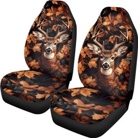 ZIATUBLES Forest Maple Leaf Elk Print Car Front Seat Covers 2 Pcs Automotive Seat Protector Breathable Washable Auto Interior Decor Universal Fit Vehicles Sedan SUVs