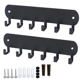 AIVORO Pack of 2 Key Rack with 6 Hooks, Aluminium Key Holder, No Drilling, Thin and Portable, Key Organiser, Suitable for Entrance, Living Room, Kitchen (Black)