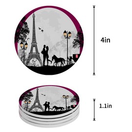 Vibiliyou Coasters A Set of 4 Absorbent Ceramic Stone Coasters,Decorated with a Lovers Carriage and Eiffel Tower Under the Moon Design 4 Inches and Featuring a Cork Base Ideal for Coffee,Wooden Tables