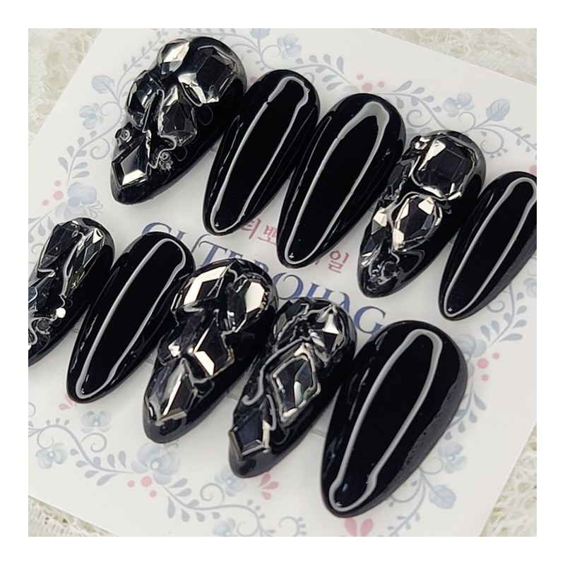All black full stone handmade nail tips - Almond S