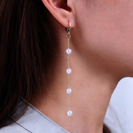 Cybche Boho Pearl Dangle Earrings Gold Pearl Tassel Earrings Long Pearl Chain Earrings Small Pearl Hoop Huggie Earrings Bridal Wedding Pearl Earrings Jewelry for Women