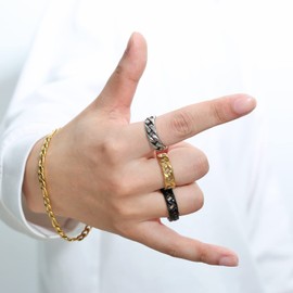 HZMAN Mens Stainless Steel 7mm Wide Band Cuban Link Chain Ring, Silver Gold Black