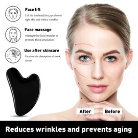 Gua Sha Facial Tool, Face Massager for Lymphatic Drainage for Skin Care, Anti-Aging Jade Stone for Face, Eyes, Neck, Body Muscle Relaxing and Reduce Wrinkles & Dark Eye Circles (100% Natural Jade) - Gift Packed - JOAUIAX Black