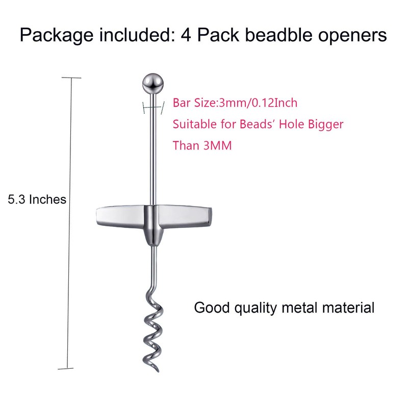 4 Pack Beadable Corkscrew Wine Bottle Opener with Blank Handle