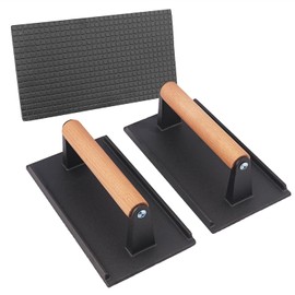 3 Packs 8.26 x 4.3 Inch Cast Iron Grill Press Set, Heavy Duty Steak and Burger Press with Wooden Handle for Burgers, Bacon, Paninis, and More! by Genhakon