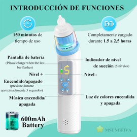 Limpiador Nasal Eléctrico, Aspirador Nasal Eléctrico para Bebés con 5 Niveles De Succión y 3 Puntas de Silicona sin Bpa, con Música y Luz Calmante, 25 dB de Bajo Ruido, IPX6 Impermeable