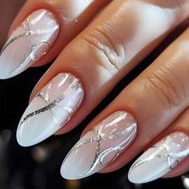 Sparkly Curve Line Press on Nails White Gradient Medium Almond False Nails 24 Pcs Glossy Silver Glitter Acrylic Fake Nails Gel Glue on Nails Galaxy Stars Design Stick on Nails for Coquette Women Girls