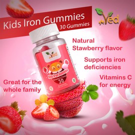 Ved Kids Iron Gummies for Iron Supplement, Energy & Immune System Strawberry Flavour-15 Days Supply, Vegan Iron for Kids - 30 Chewable Kids Vitamins Gummies (15 Days Supply)
