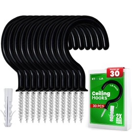 Etoolia 30 pcs Ceiling Hooks for Hanging Plants, Cups, Utensils and Lights - 1-1/4 inches Black Vinyl Coated Screw in Plant and Under Cabinet Cup Hooks for Wooden and Drywall with Anchors