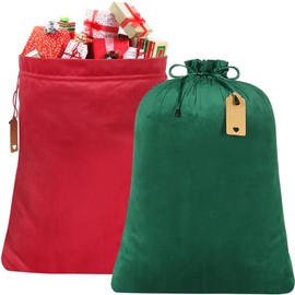 GINOYA Christmas Gift Bags, 2pcs Jumbo Gift Bag with Drawstring Large Velvet Santa Sack for Xmas Holiday Present Toys (Red and Green, 27x19 inches)