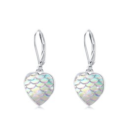 Heart Earrings Hanging 925 Sterling Silver Mermaid Stud Earrings Heart Leverback Earrings Hook Earrings for Girls Women Children, Sterling Silver