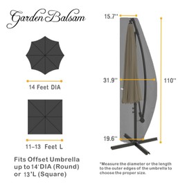 Garden Balsam Patio Umbrella Cover for 12FT to 14FT Offset Umbrella, Water Resistant, Curved Cantilever and Straight Pole Parasol Outdoor Umbrellas Cover with Zipper and Rod