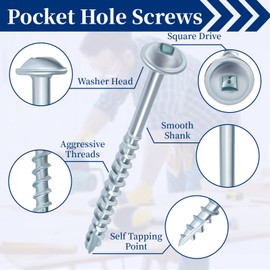 Pocket Hole Screws, Goobetter Pocket Screws #8 x 2-1/2" 100 Pcs, Washer Head with Square Drive, Coarse Thread Wood Screws, Zinc Plated, for Indoor Use, 100MM Drive Bit Included