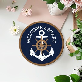 MOTERMATE Nautical Welcome Aboard Anchor Sign Decor, Cruise Ocean Round Front Porch Door Decor, Sailboat Navy Blue Wall Hanging Decor, Boat Anchor Signs for Home House Outdoor Farmhouse, 12x12 Inch