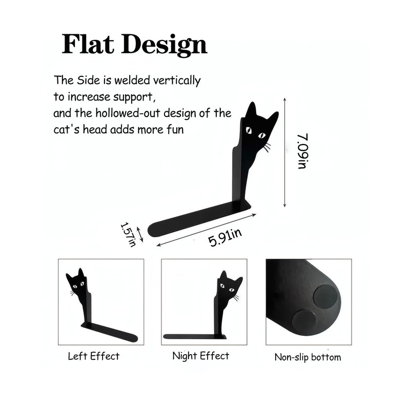 Metal Cat Bookends, 1 Pair Cute Cat Bookends for Shelves